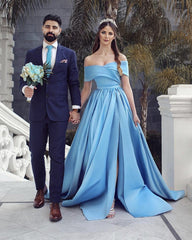 Long Satin Split Off The Shoulder Dresses