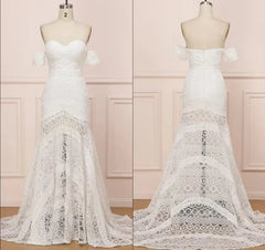 Off-the-Shoulder Beach Ivory Lace Backless Long Mermaid Wedding Dress