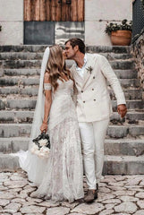 Off-the-Shoulder Beach Ivory Lace Backless Long Mermaid Wedding Dress