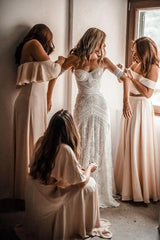 Off-the-Shoulder Beach Ivory Lace Backless Long Mermaid Wedding Dress