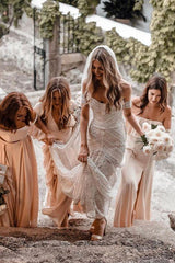 Off-the-Shoulder Beach Ivory Lace Backless Long Mermaid Wedding Dress