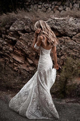 Off-the-Shoulder Beach Ivory Lace Backless Long Mermaid Wedding Dress