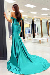 New Off-the-Shoulder Green Satin Evening Dress High Slit Corset Back