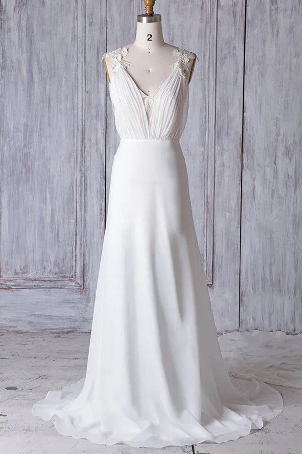Off-the-Shoulder V Neck Backless Sheath Lace Chiffon Long Beach Wedding Dresses