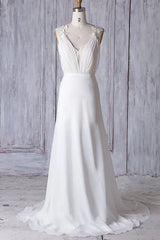 Off-the-Shoulder V Neck Backless Sheath Lace Chiffon Long Beach Wedding Dresses