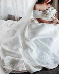 NumberSea Simple Ivory Ball Gown Satin Lace Off-the-Shoulder Wedding Dresses