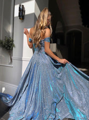 Off-the-shoulder A-line Prom Dresses With Slit Sparkly Evening Gowns TP1135