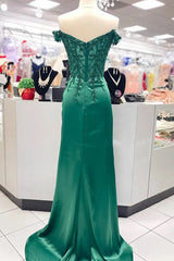 Off Shoulder Applique Pleated Mermaid Green Prom Dress TP1328