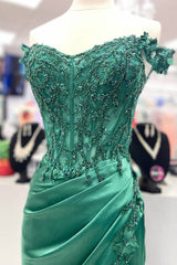 Off Shoulder Applique Pleated Mermaid Green Prom Dress TP1328