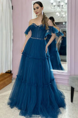 Off Shoulder Beaded Blue Tulle Long Prom Dress, Off the Shoulder Blue Formal Dress, Blue Evening Dress with Belt A1954
