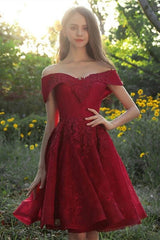 Off Shoulder Burgundy Lace Prom Dress, Off the Shoulder Burgundy Homecoming Dress, Burgundy Lace Formal Evening Dress A1628