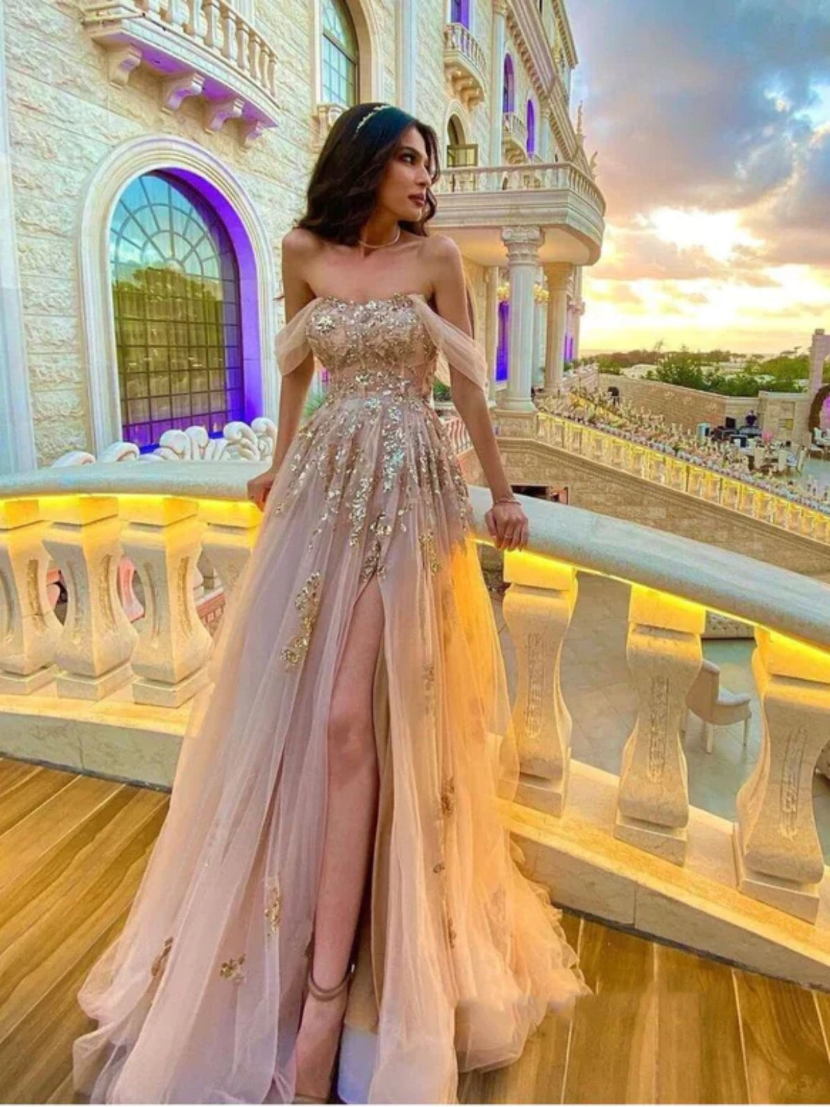 Off Shoulder Champagne Tulle Long Prom Dresses with High Slit, Gold Lace Formal Dresses, Champagne Evening Dresses