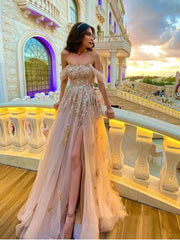Off Shoulder Champagne Tulle Long Prom Dresses with High Slit, Gold Lace Formal Dresses, Champagne Evening Dresses