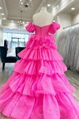 Off Shoulder Fluffy Layered Hot Pink Lace Long Prom Dress, Hot Pink Lace Formal Dress, Hot Pink Evening Dress A2058