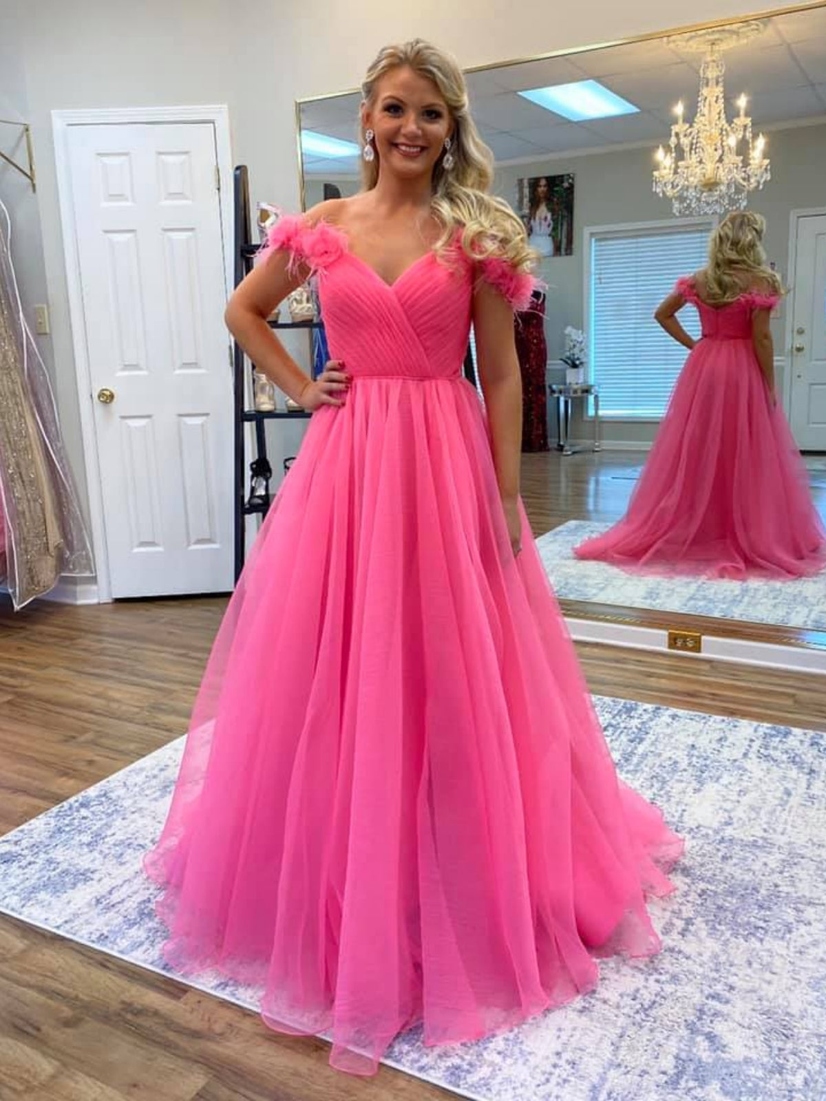 Off Shoulder Hot Pink Tulle Long Prom Dresses with 3D Flowers, Long Hot Pink Floral Formal Graduation Evening Dresses