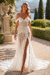 Off Shoulder Lace Mermaid Wedding Dress with Sheer Corset High Slit Train