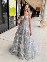 Off Shoulder Layered Silver Gray Lace Long Prom Dresses, Off the Shoulder Lace Formal Dresses, Silver Gray Evening Dresses