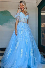 Off Shoulder Light Blue Lace Long Prom Dress with Belt, Beaded Off the Shoulder Formal Dress, Light Blue Lace Evening Dress A1986