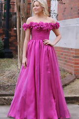 Off Shoulder Magenta Floral Long Prom Dresses With 3D Flowers TP1298