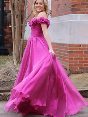 Off Shoulder Magenta Floral Long Prom Dresses, Off the Shoulder Formal Dresses, Magenta Evening Dresses with 3D Flowers