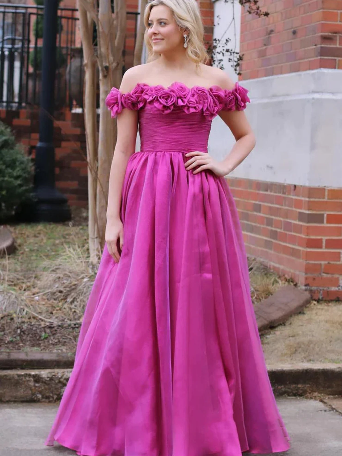 Off Shoulder Magenta Floral Long Prom Dresses, Off the Shoulder Formal Dresses, Magenta Evening Dresses with 3D Flowers