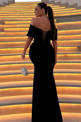 Off Shoulder Mermaid Black Long Prom Dresses with High Slit, Mermaid Black Formal Dresses, Black Velvet Evening Dresses A1876