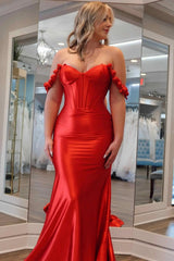 Off Shoulder Mermaid Red Long Prom Dress, Off the Shoulder Red Satin Formal Dress, Mermaid Red Evening Dress A2154