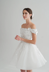 Off Shoulder Mini Dress Short A-line Wedding Dress Elopement Reception Dress With Applique