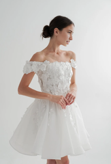 Off Shoulder Mini Dress Short A-line Wedding Dress Elopement Reception Dress With Applique