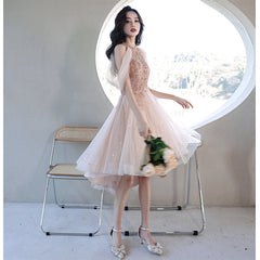 Off Shoulder Pink High Low Tulle with Beaded Homecoming Dress, Pink High Low Prom Dress Graduation Dress