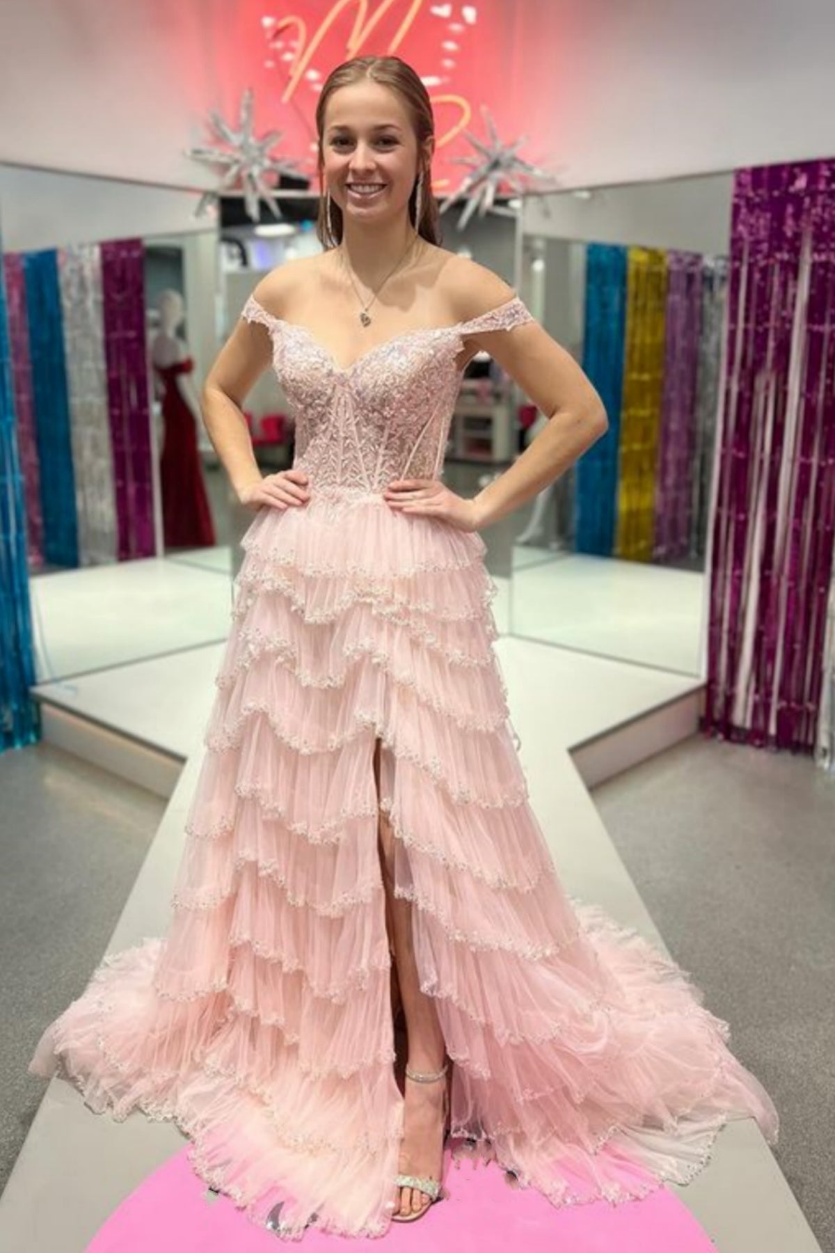 Off Shoulder Pink Lace Long Prom Dress with High Slit, Layered Pink Lace Formal Dress, Pink Evening Dress A2130