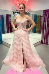 Off Shoulder Pink Lace Long Prom Dress with High Slit, Layered Pink Lace Formal Dress, Pink Evening Dress A2130