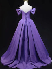 Off Shoulder Purple Satin Long Prom Dresses, Off the Shoulder Formal Dresses, Long Purple Evening Dresses