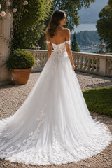 Off Shoulder Satin Lace Bohemian Wedding Dress with High Slit Train
