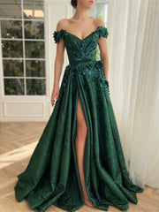 A-Line/Princess Off-The-Shoulder Sleeveless Floor-Length Long Prom Floral Dresses Whit Split Side Appliques Sexy
