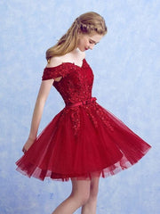 Off Shoulder Short Burgundy Lace Prom Dresses, Short Burgundy Lace Formal Graduation Dresses