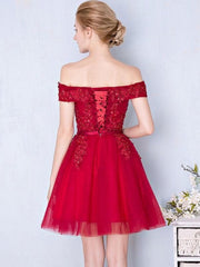 Off Shoulder Short Burgundy Lace Prom Dresses, Short Burgundy Lace Formal Graduation Dresses