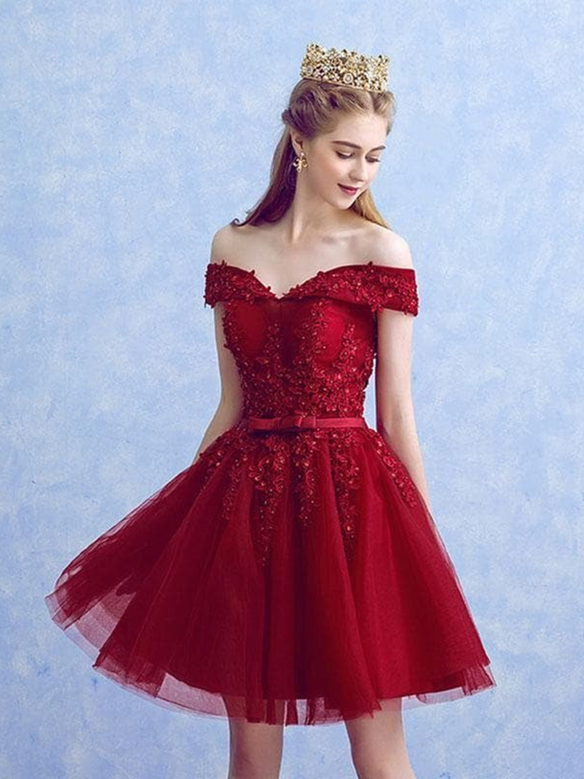 Off Shoulder Short Burgundy Lace Prom Dresses, Short Burgundy Lace Formal Graduation Dresses