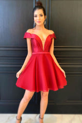 Off Shoulder V Neck Red Short Prom Dress, Off the Shoulder Red Homecoming Dress, Short Red Formal Evening Dress A1654