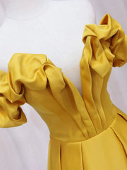 Off Shoulder V Neck Yellow Satin Long Prom Dresses, Off the Shoulder Yellow Formal Dresses, Yellow Evening Dresses