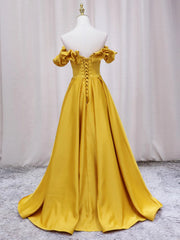Off Shoulder V Neck Yellow Satin Long Prom Dresses, Off the Shoulder Yellow Formal Dresses, Yellow Evening Dresses