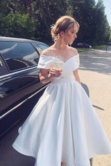 Off Shoulder White Satin Tea Length Prom Dress, Short White Formal Graduation Homecoming Dress