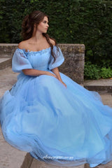 Off The Shoulder Blue Applique Tulle A-line Prom Dresses, CP0825