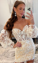 Off The Shoulder Lace Bodycon Homecoming Dresses With Bubble Sleeves, AST1141