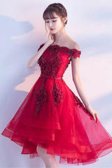 Off The Shoulder Luxury Appliques High Low Red Homcoming Dress HD0155
