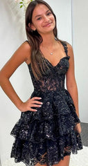 Off The Shoulder Navy Blue Homecoming Dresses Mini Lace Graduation Dress, AST1035