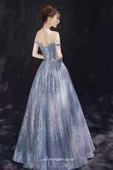 Off The Shoulder Silver Sequined Tulle A-line Prom Dresses, CP0714