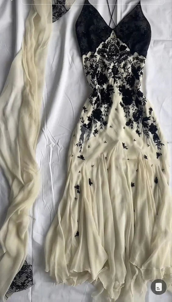 Chiffon Black Lace Prom Dress Spaghetti Strap Long Dresses, AST919