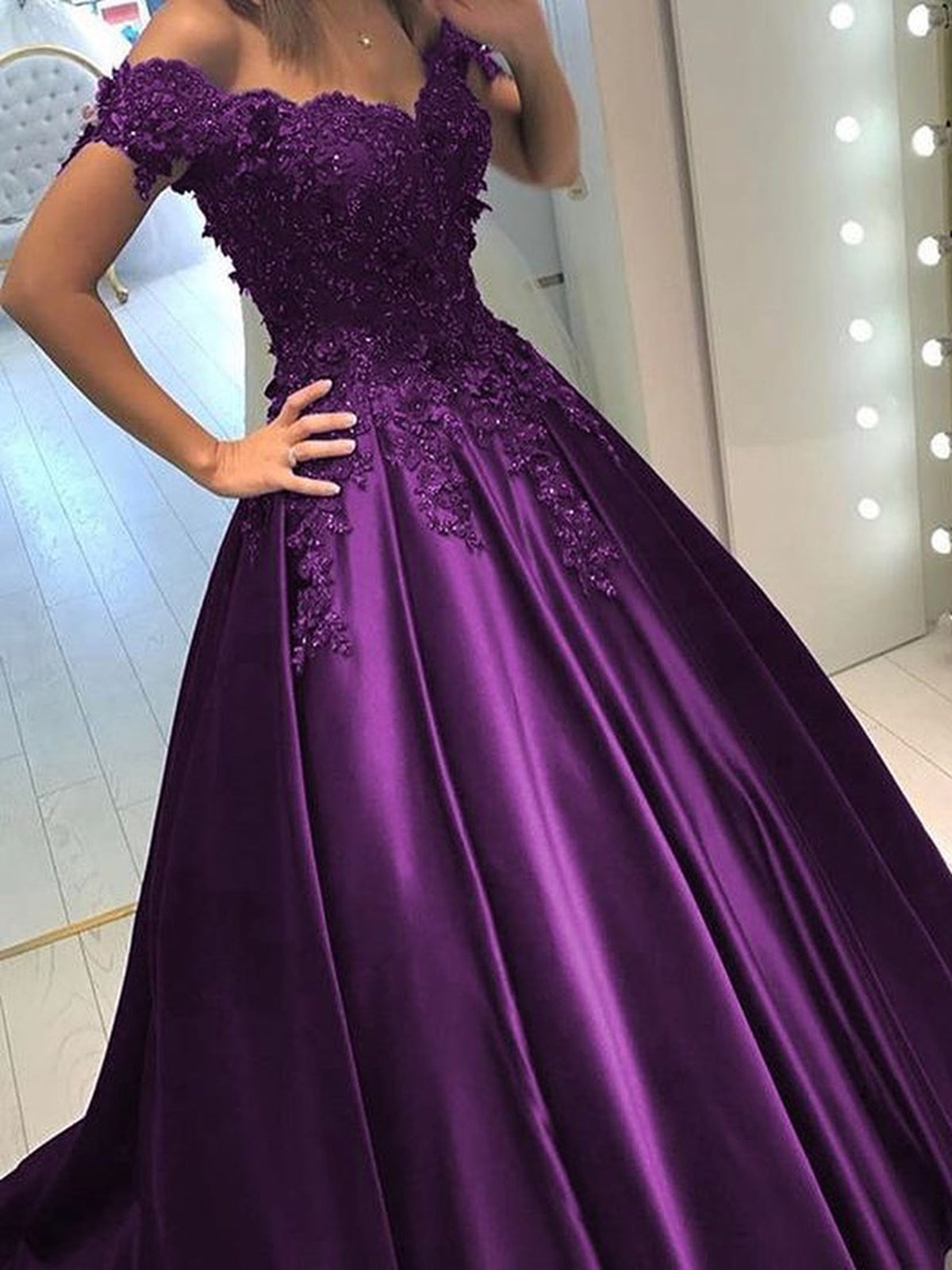 Off Shoulder Green/Purple Lace Prom Dresses, Off the Shoulder Long Lace Formal Evening Dresses