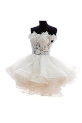 Off-Shoulder Knee Length Organza Lace Homecoming Dress With Beads TR0140